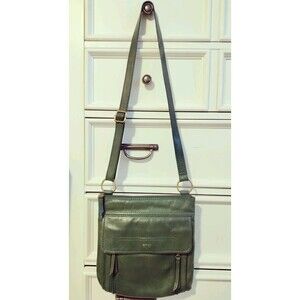 Fossil Green Leather Crossbody/Messenger Bag, Adjustable Strap with Flap Closure